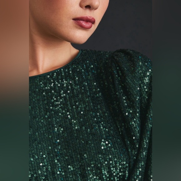 NWT! Anthropologie Dark Green Flat White Sequin Top - ALL PETITE SIZES 💎 - Picture 3 of 11